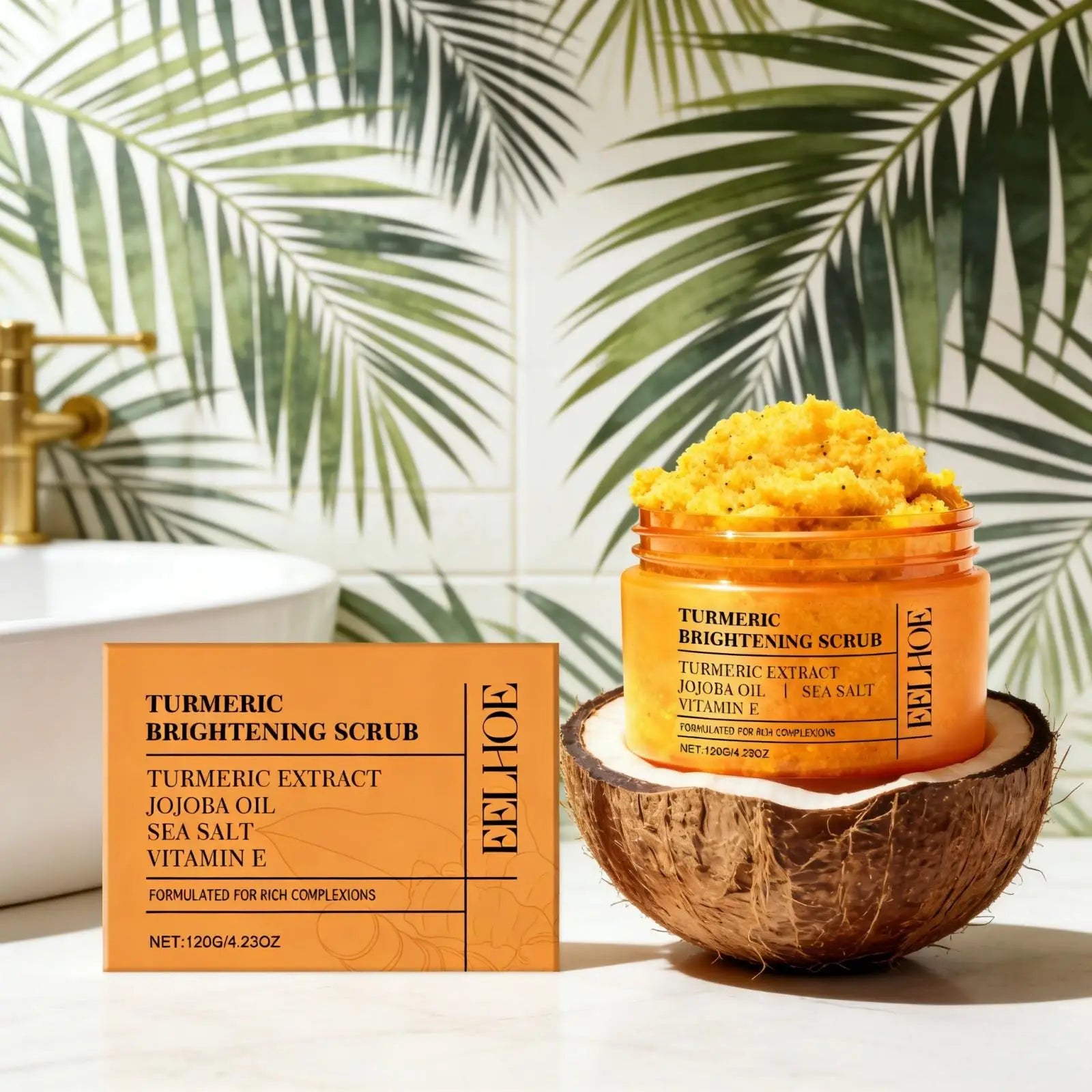 EELHOE Turmeric & Sea Salt Body Scrub — Turmeric & Jojoba Oil — Scrub texture on hand palm