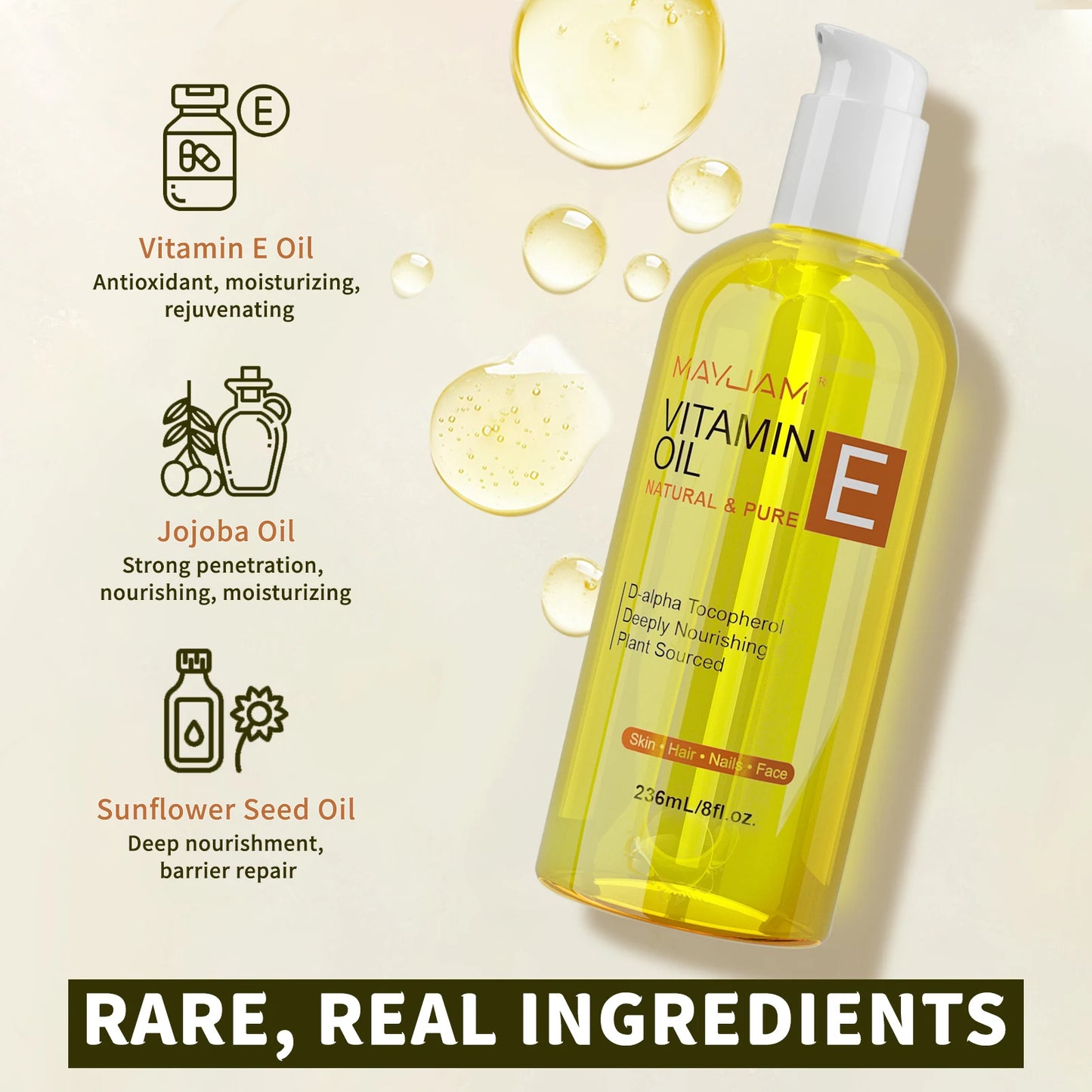 Vitamin E face oil bottle with dropper for brightening and moisturizing skin