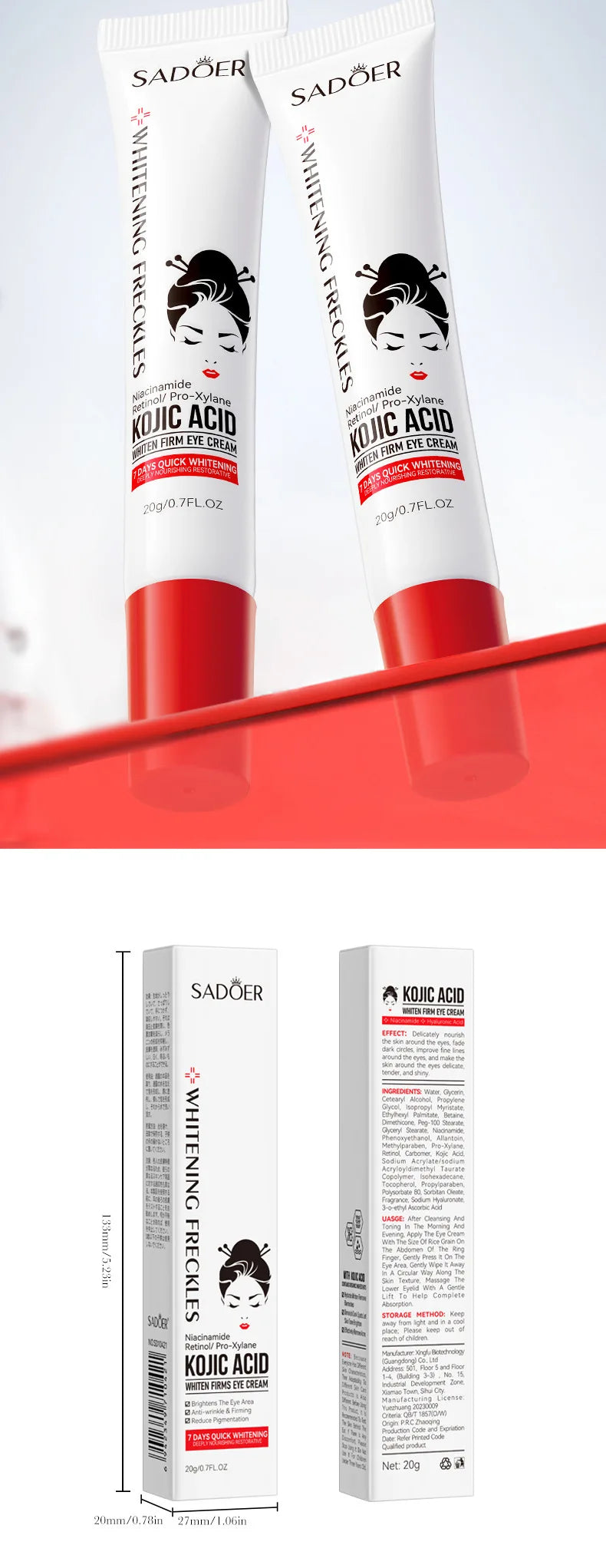 Travel set with kojic acid face cream and eye cream tubes