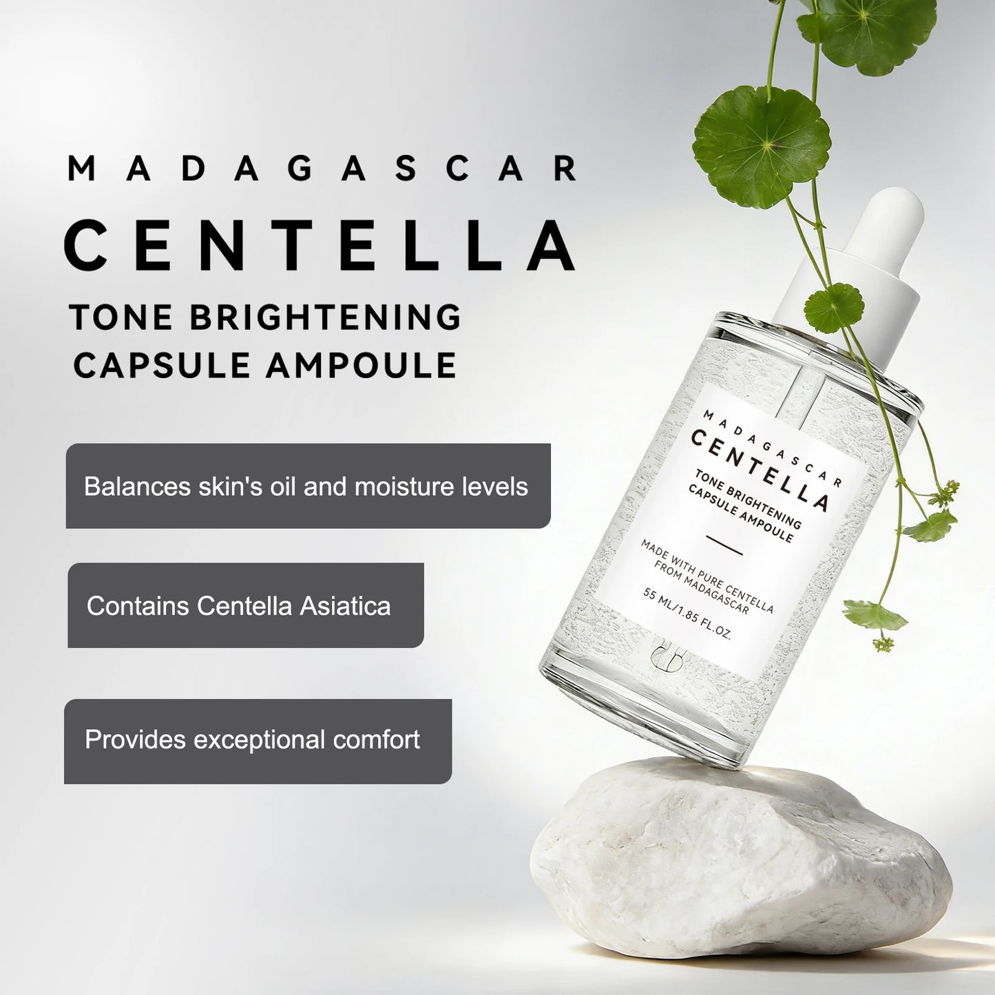 Centella — Madagascar Brightening Ampoule — Green and white dropper bottle on white background