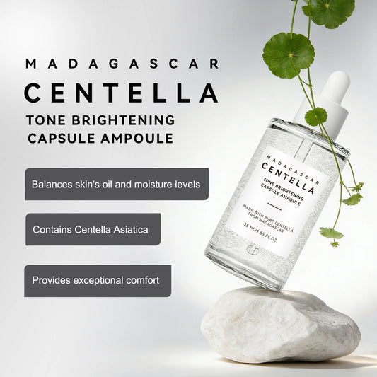 Centella — Madagascar Brightening Ampoule — Green and white dropper bottle on white background