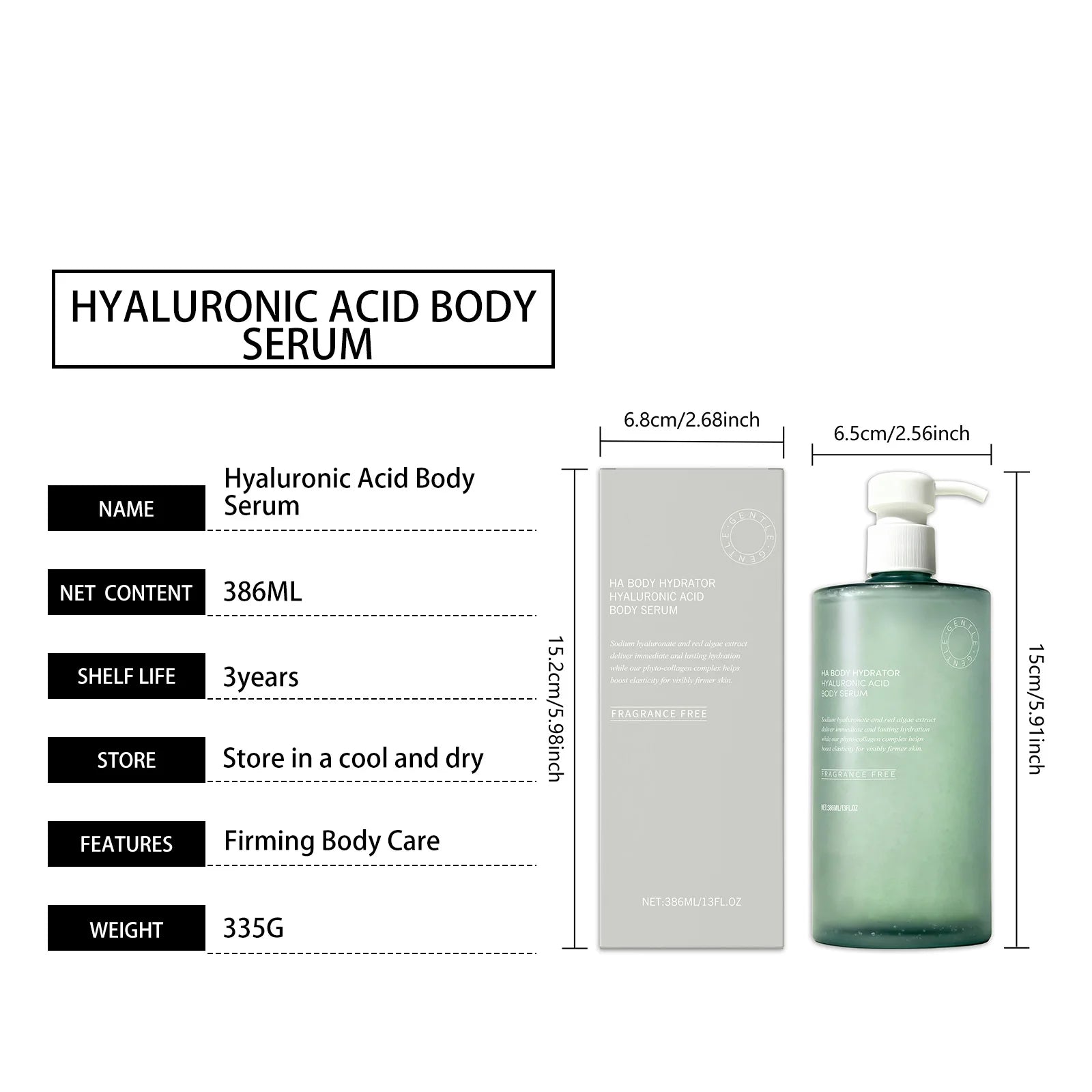 Hyaluronic acid body serum bottle with pump dispenser and moisturizing lotion texture.