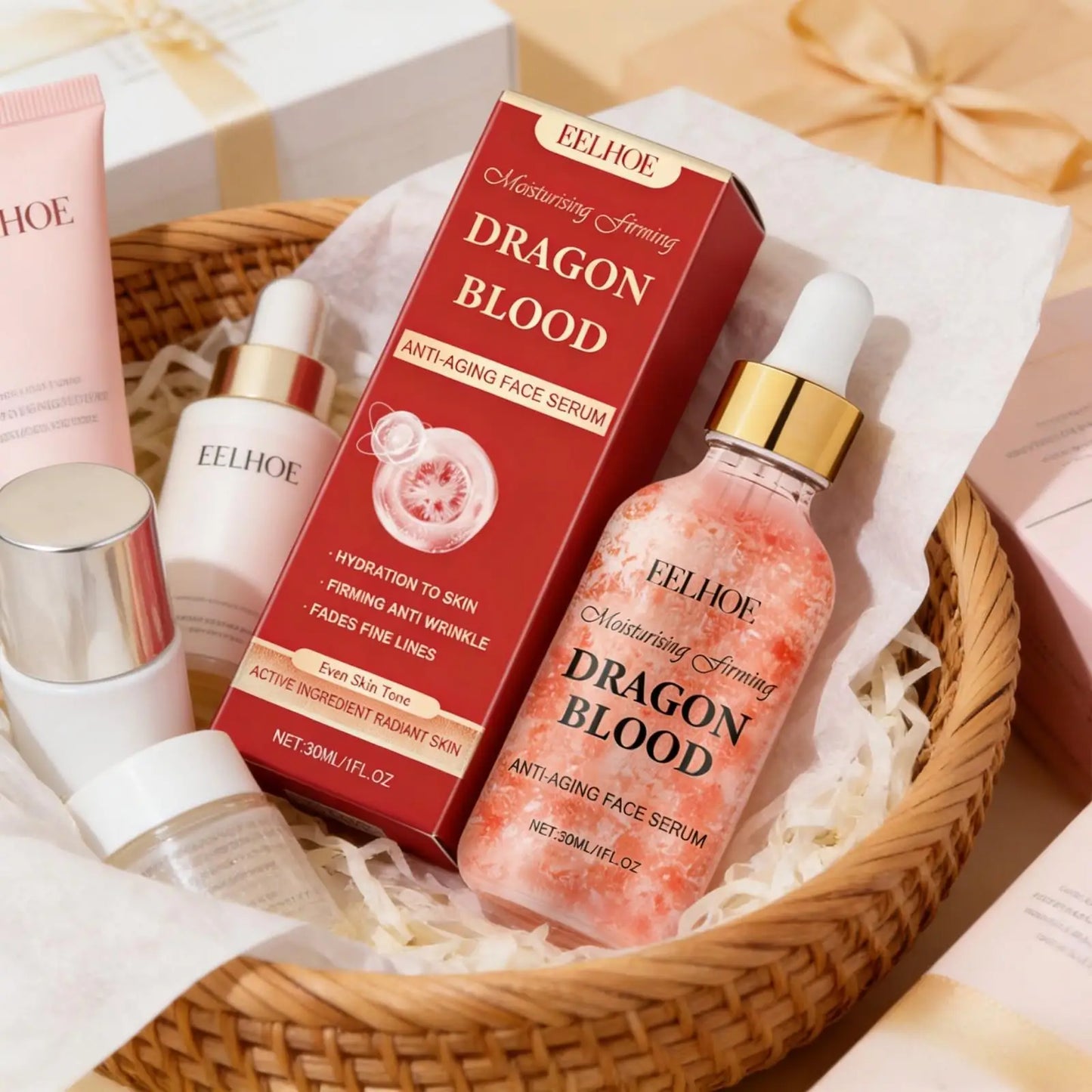 EELHOE — Dragon Blood Serum Firming — Red and white dropper bottle on white background