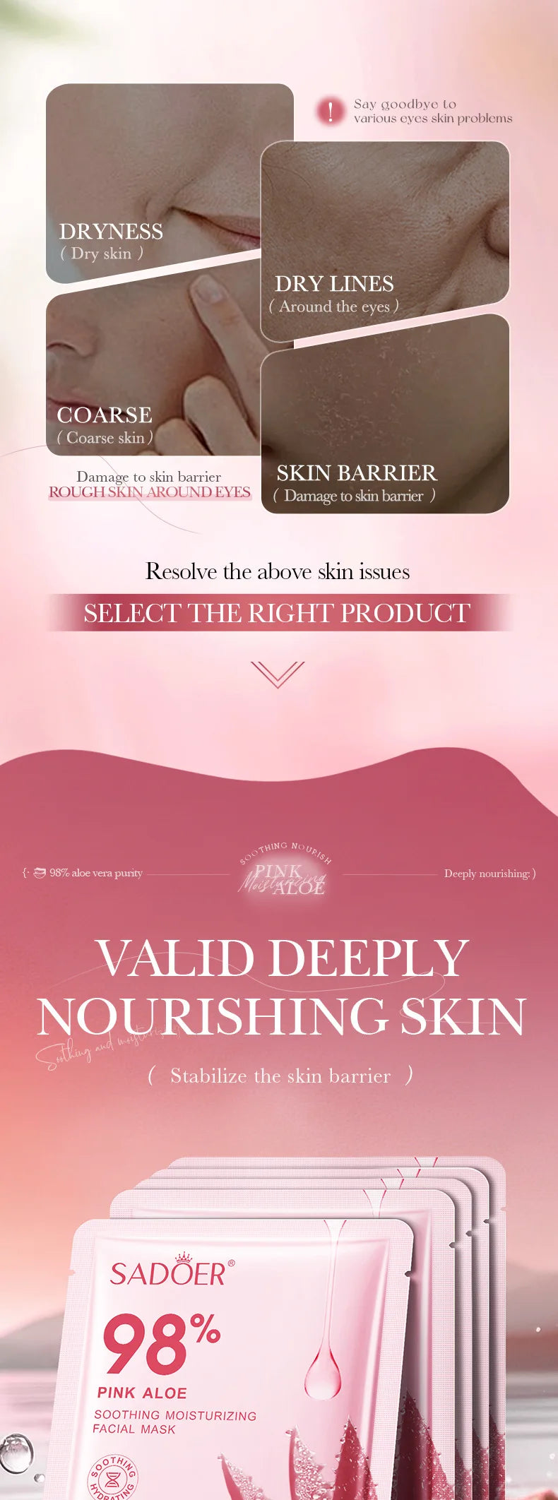Pink aloe vera sheet mask sachet for hydrating and nourishing facial care
