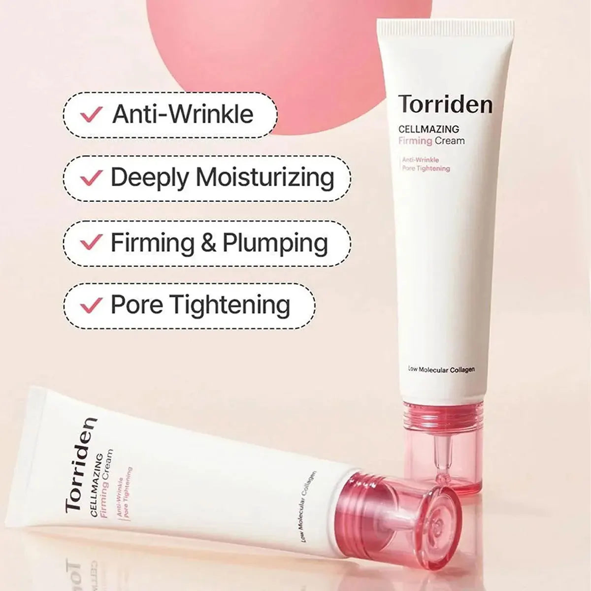 Jar of low molecular collagen firming cream for lifting, plumping, and barrier strengthening