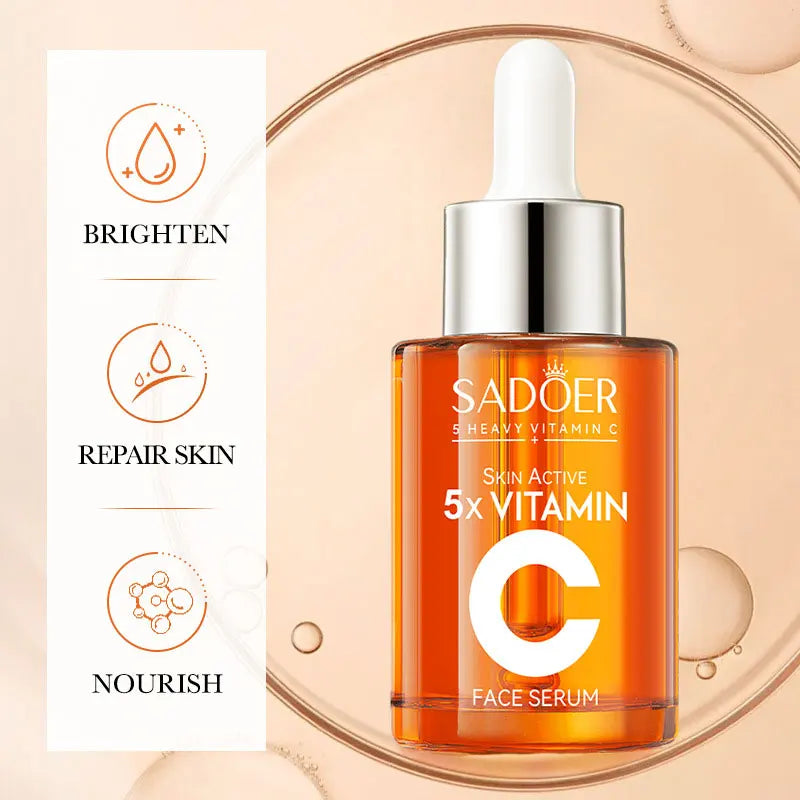 Vitamin C facial serum bottle with hydrating and brightening formula for pore-refining and repairing skin care.