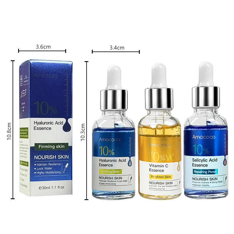 Two 30ml facial serum bottles with droppers, featuring salicylic acid, vitamin C, and hyaluronic acid