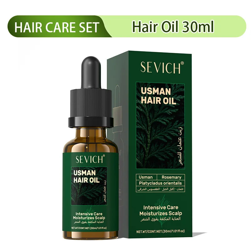 Set of hair growth products including serum, shampoo, soap, and spray for men and women.