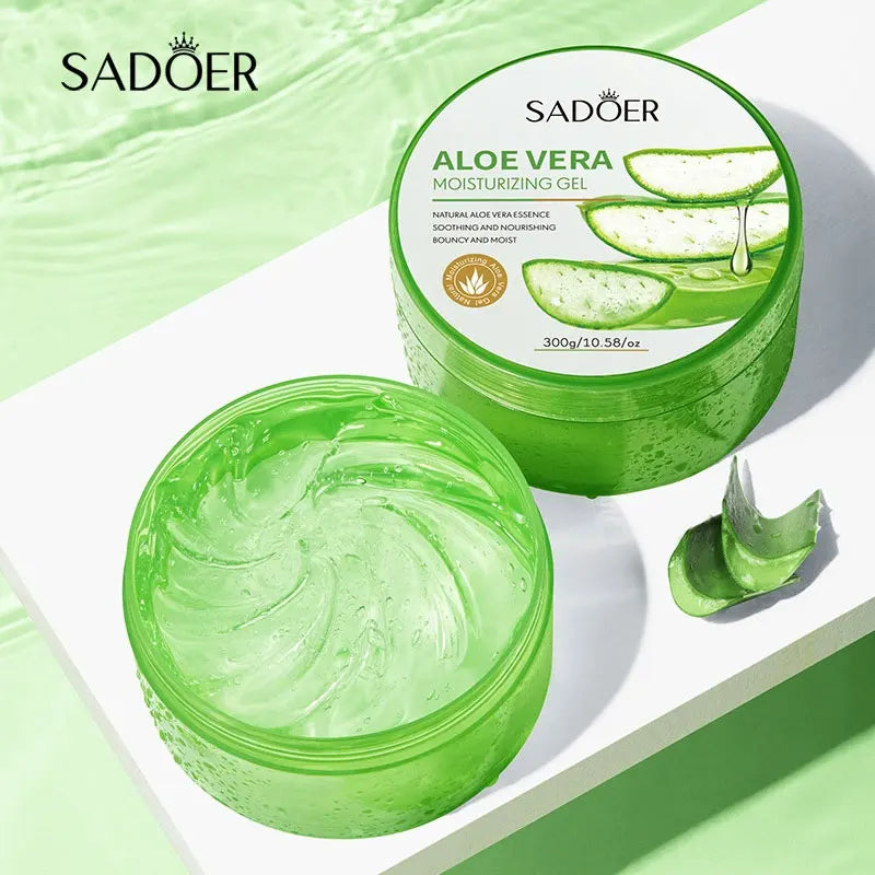 Aloe vera facial gel with aloe leaf illustration for soothing, brightening and moisturizing skin care.