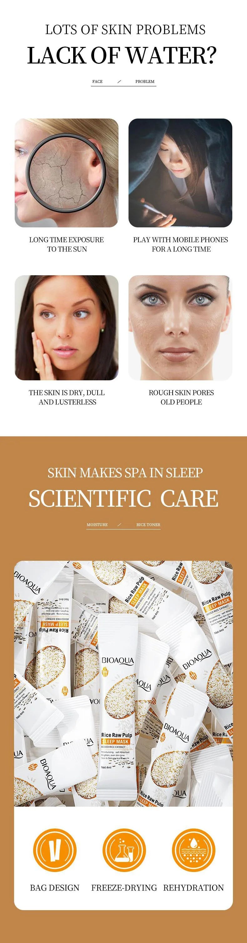 Pack of ten rice raw pulp sleeping facial masks for whitening, anti-wrinkle, and moisturizing treatment