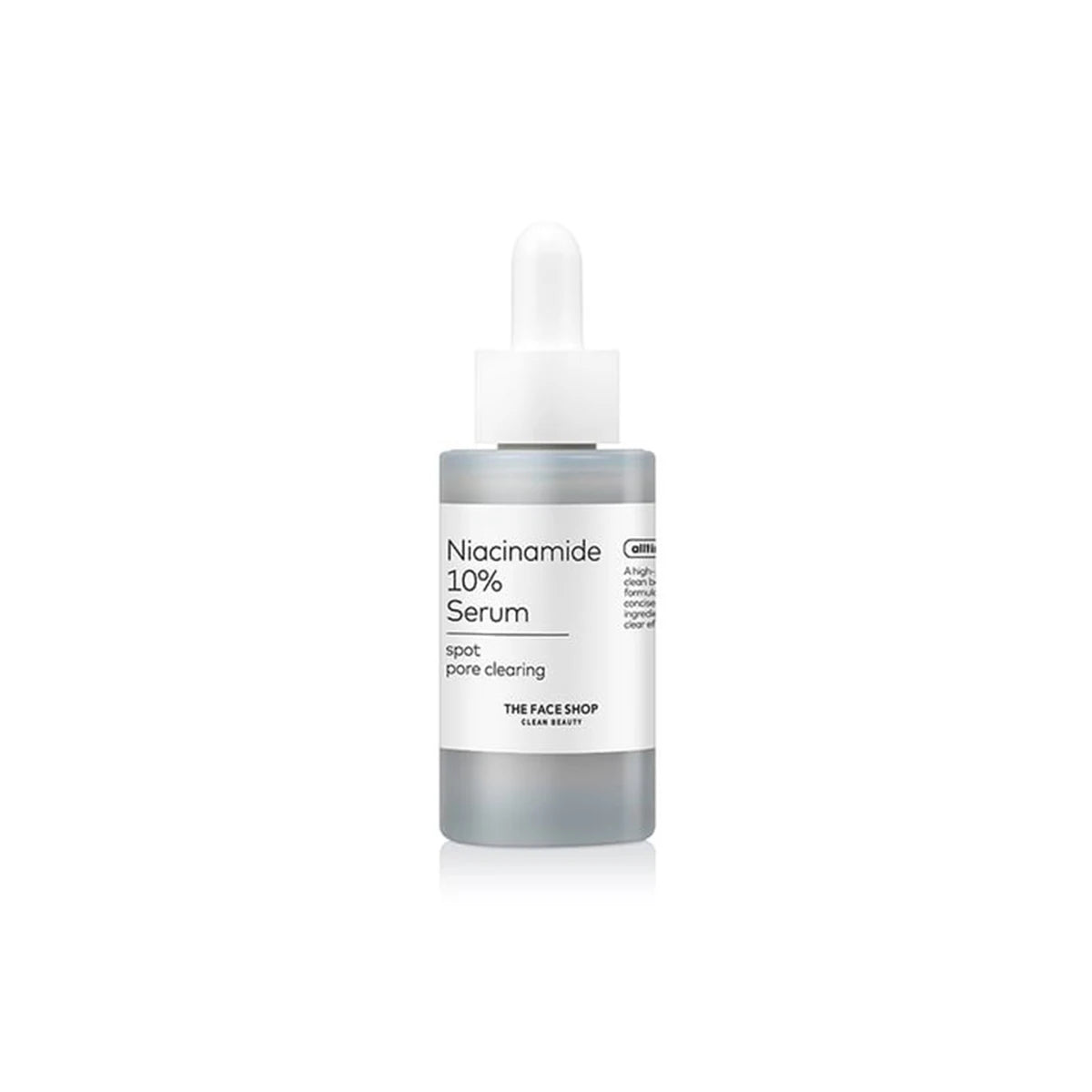 Serum bottle with dropper featuring 10% niacinamide for fast-absorbing skincare.