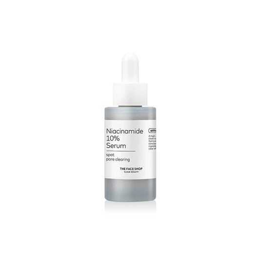 Serum bottle with dropper featuring 10% niacinamide for fast-absorbing skincare.
