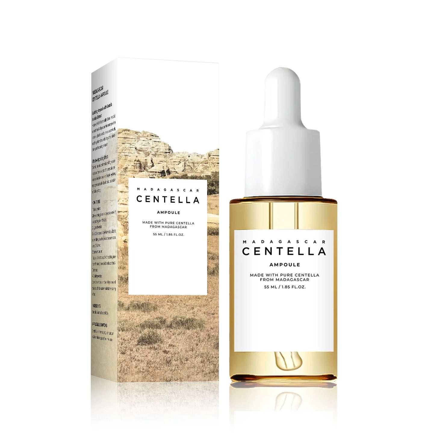 Brightening ampoule serum bottle with centella and niacinamide for hydrated, radiant skin.