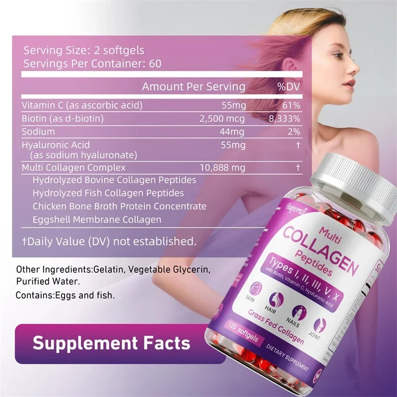 SkinSwaag Beauty BuPOREI Multi Collagen Peptides — collagen + biotin + vitamin C + hyaluronic acid — supplement facts label on white background