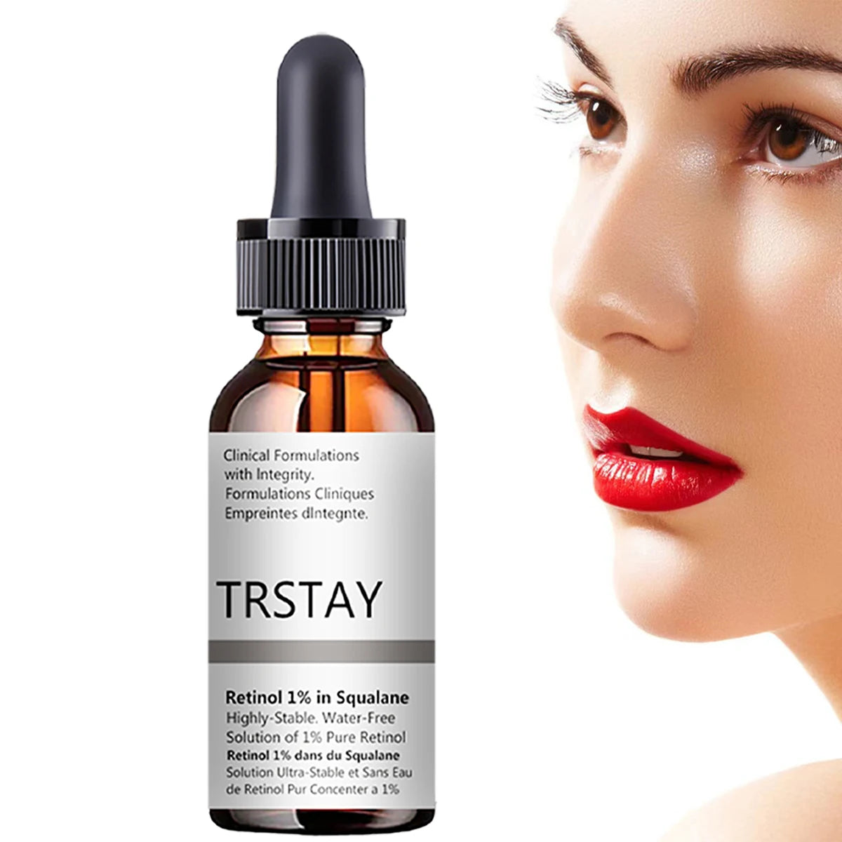 Facial serum bottle with 1% retinol and squalene for brightening and tightening skin