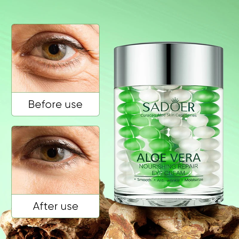 Aloe vera eye cream tube with moisturizing formula for depuffing and smoothing under-eye skin.