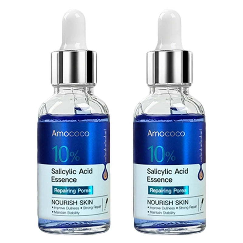 Two 30ml facial serum bottles with salicylic acid, vitamin C, and hyaluronic acid essences for brightening and hydration.