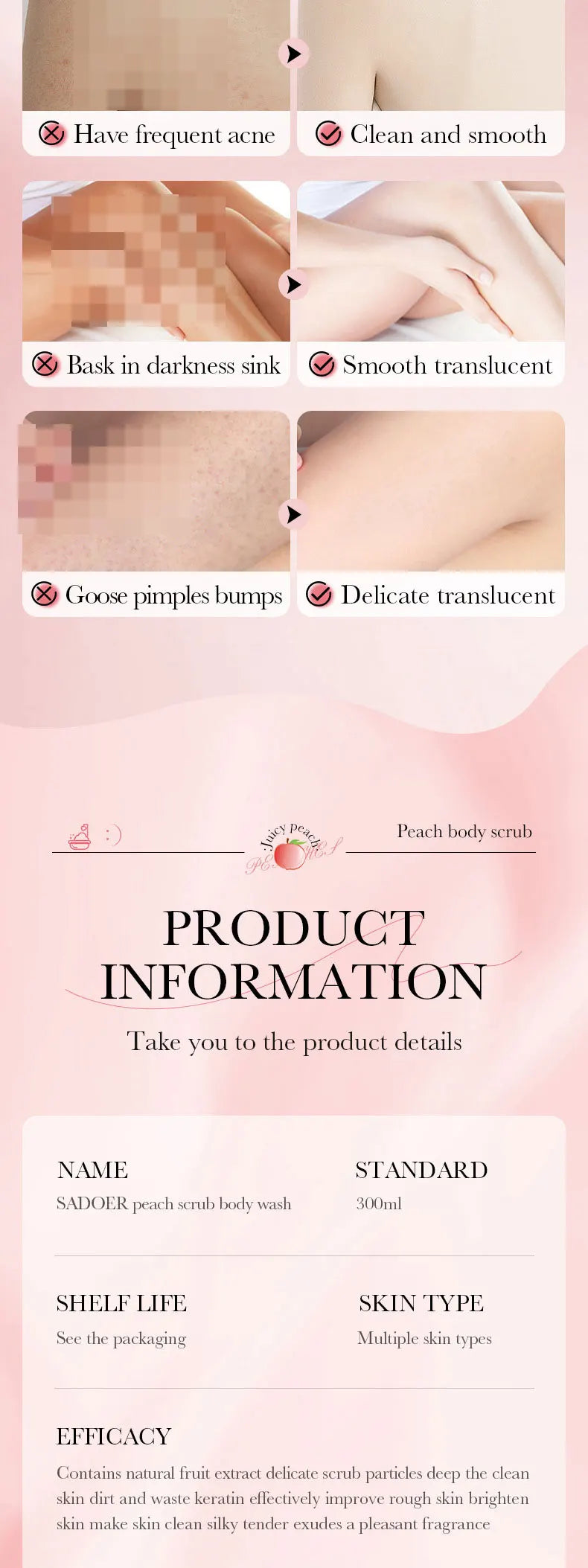 SADOER Peach Fruit Body Scrub Shower Gel
