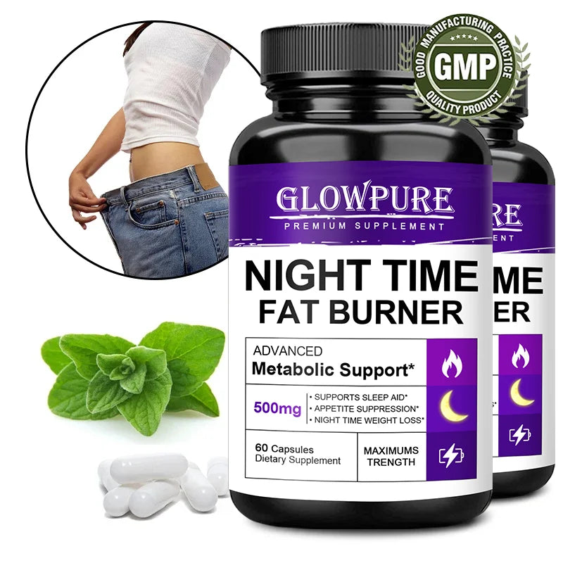 SkinSwaag Beauty GLOW PURE Night Time Fat Burning & Cellulite Weight Loss Pills — metabolism support — supplement bottle front view on white background
