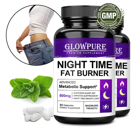 SkinSwaag Beauty GLOW PURE Night Time Fat Burning & Cellulite Weight Loss Pills — metabolism support — supplement bottle front view on white background