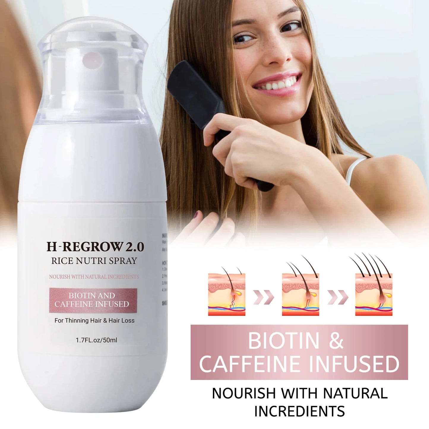 Hair growth spray bottle with fermented rice water, biotin and caffeine for scalp treatment