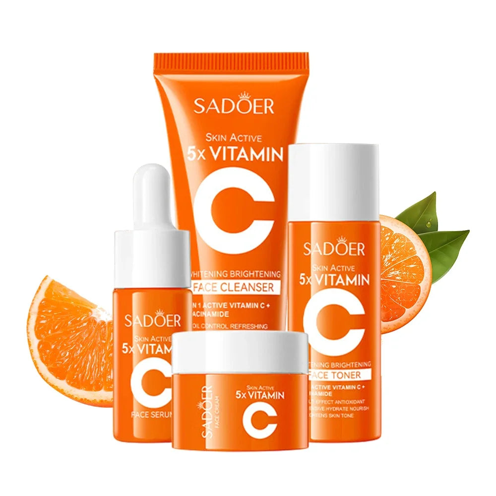 SADOER Vitamin C 5-Piece Skincare Set — Vitamin C — Orange and white multi-product cleanser toner serum cream set on white background