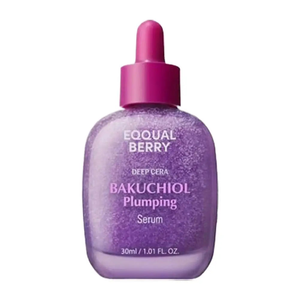Anti-aging serum bottle with bakuchiol and vitamin C, plumping and smoothing facial skincare.