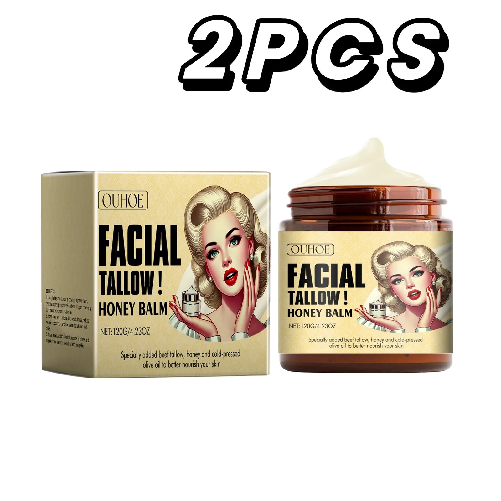 HOYGI Grass-Fed Tallow Honey Balm — Grass-Fed Tallow & Honey — Jar and packaging front view close-up