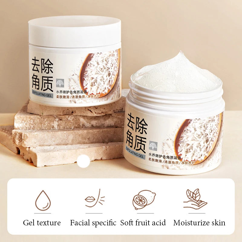 White rice exfoliating facial scrub gel and cream jar for moisturizing and brightening skin.