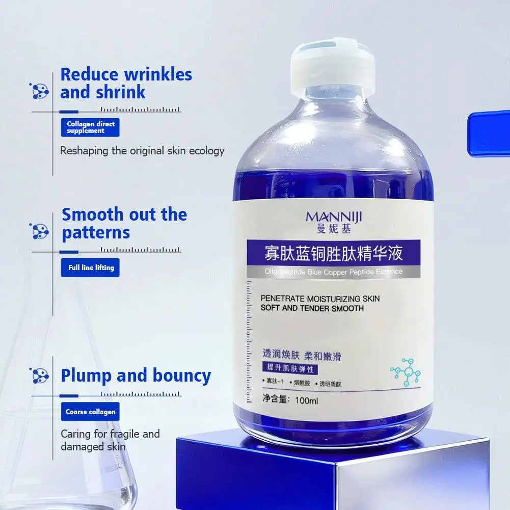 Manniji Oligopeptide Blue Copper Peptide Essence — blue copper peptide — product with box flat lay