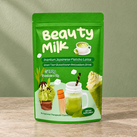 Beauty Milk Matcha pouch on a sage plaster and stone countertop background.