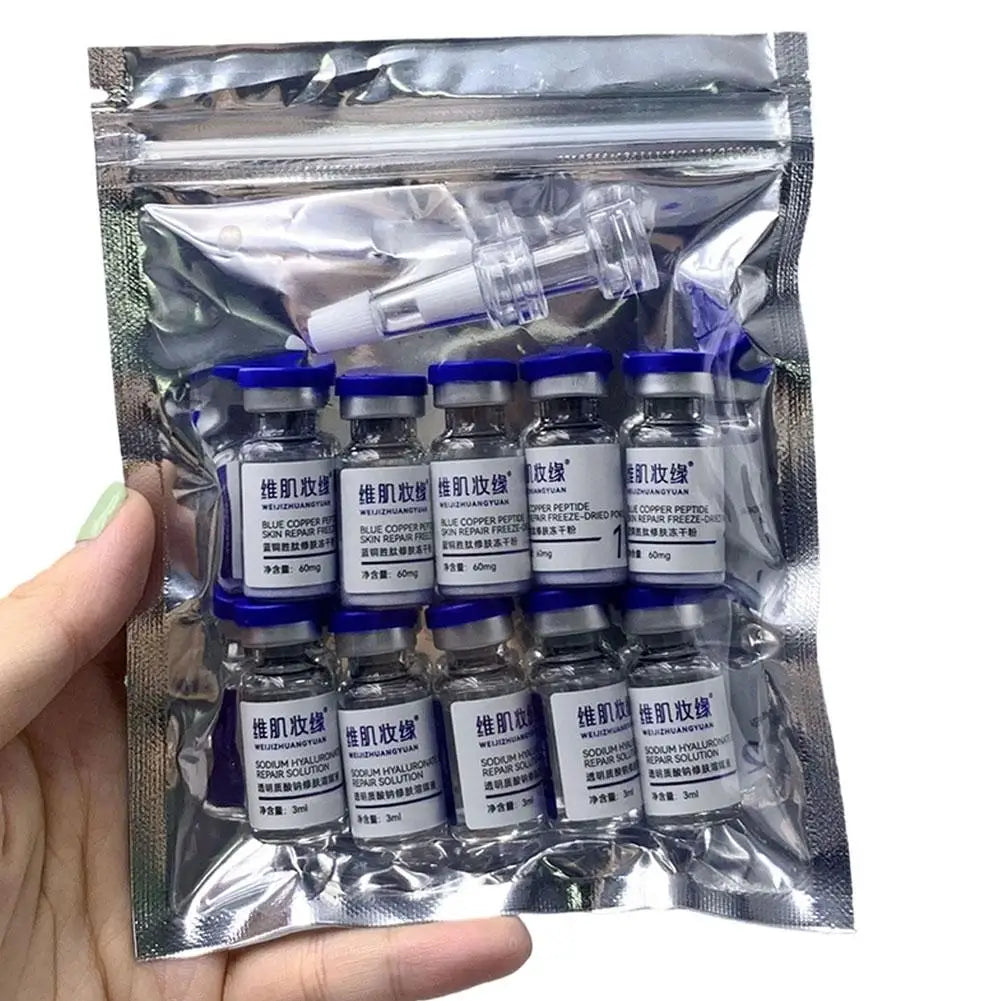 Freeze-dried blue copper peptide powder vial and serum dropper bottle set for skin firming and brightening