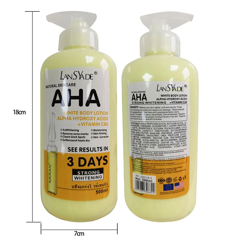 SkinSwaag Beauty LANSYADE AHA Vitamin C & E Whitening Body Lotion — AHA + vitamin C + vitamin E — product on white background