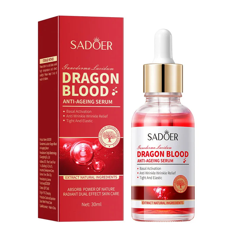Facial serum bottle with ganoderma and dragon blood essence for moisturizing and oil control.