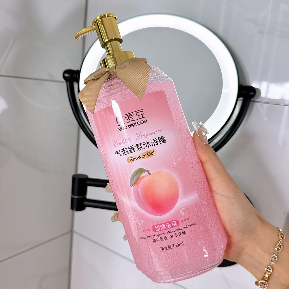 Mango peach bubble shower gel bottle with peach and mango fruit
