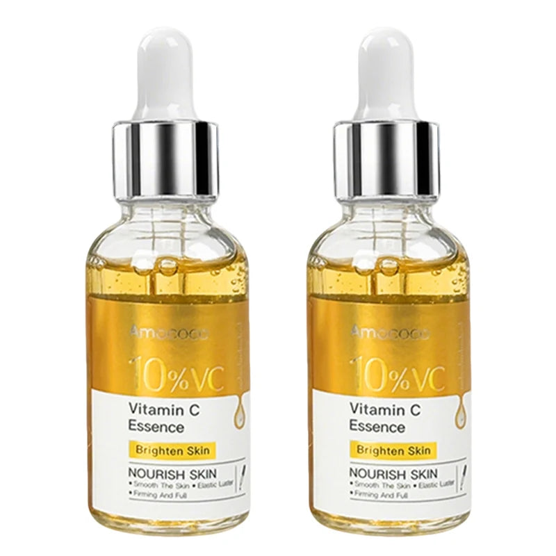 Pair of 30ml facial serum bottles with droppers for salicylic acid, vitamin C, and hyaluronic acid skincare.