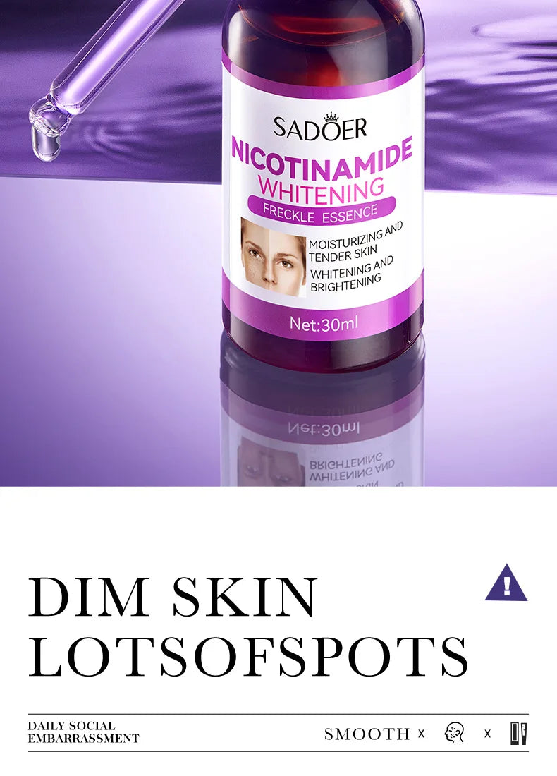 Skincare set for dark spot correction with nicotinamide essence, showing product bottles.