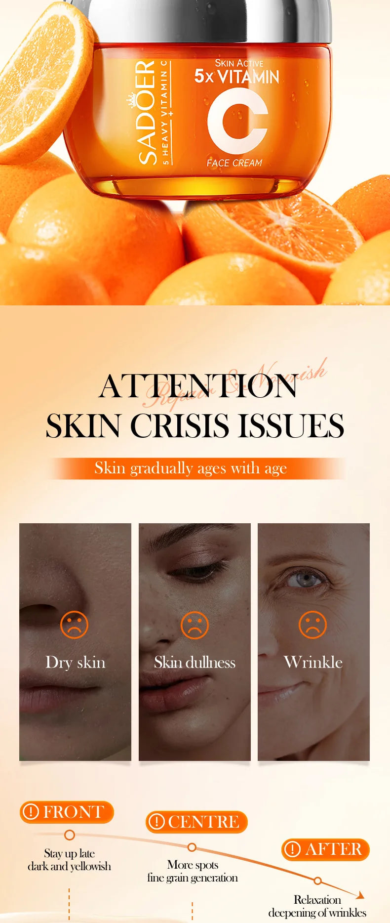 Vitamin C face cream jar with moisturizing and brightening facial skincare benefits