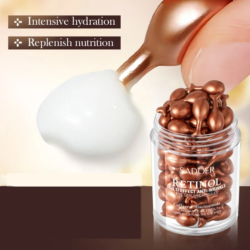 Firming eye serum bottle with retinol and peptide formula targeting dark circles
