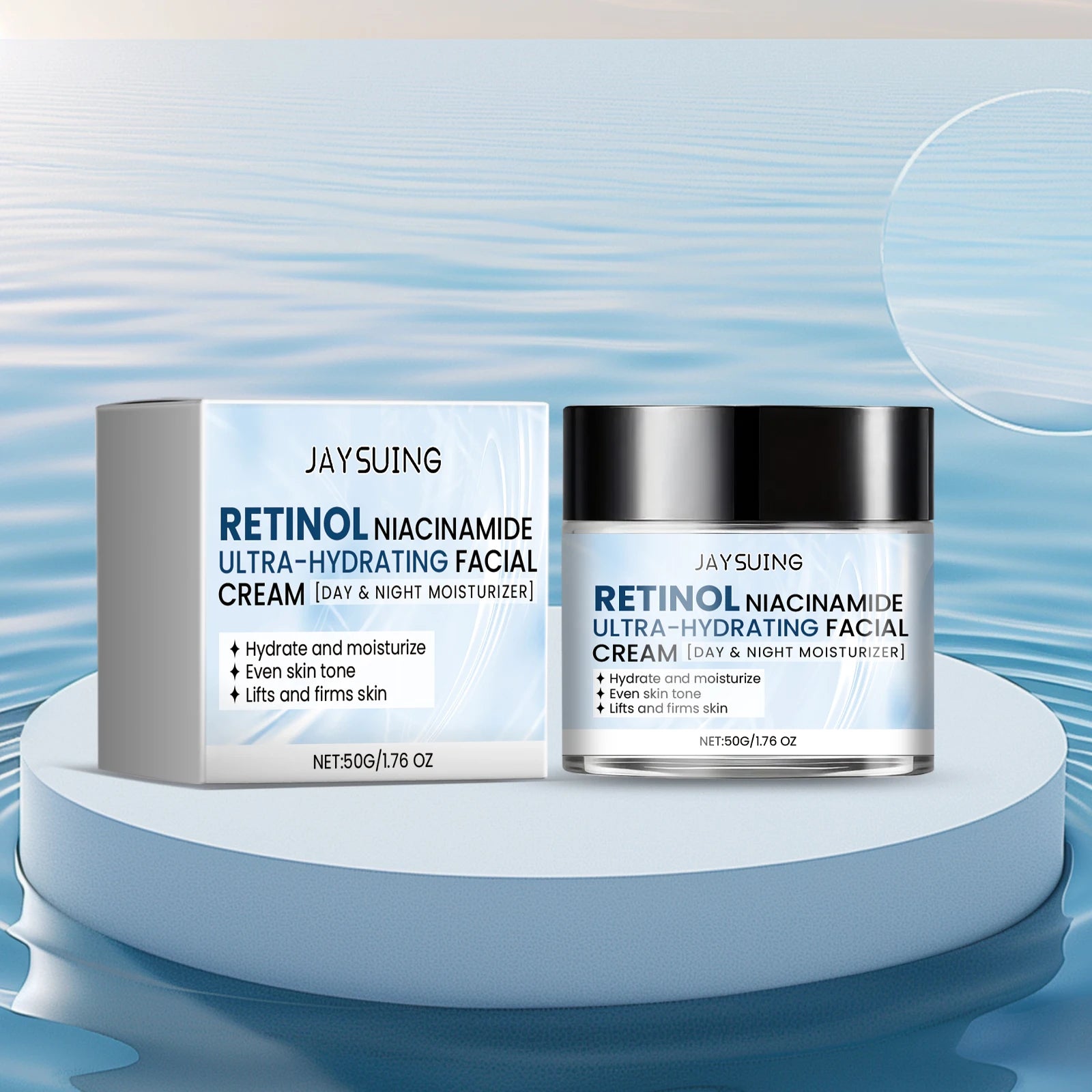 Facial barrier cream jar with niacinamide, hyaluronic acid, and retinol for skin repair.