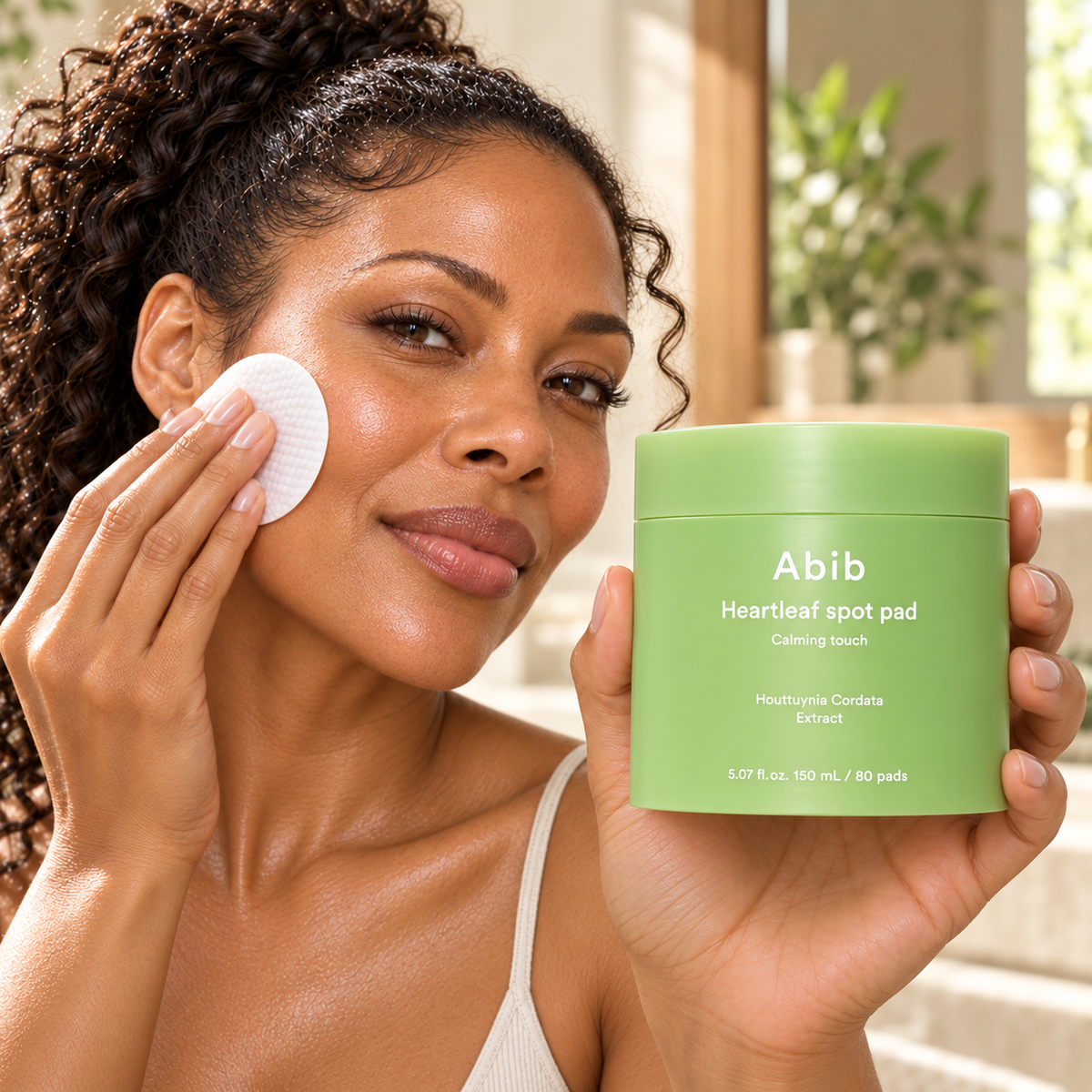 Model using an Abib Heartleaf Spot Pad Calming Touch from the 80-pad jar