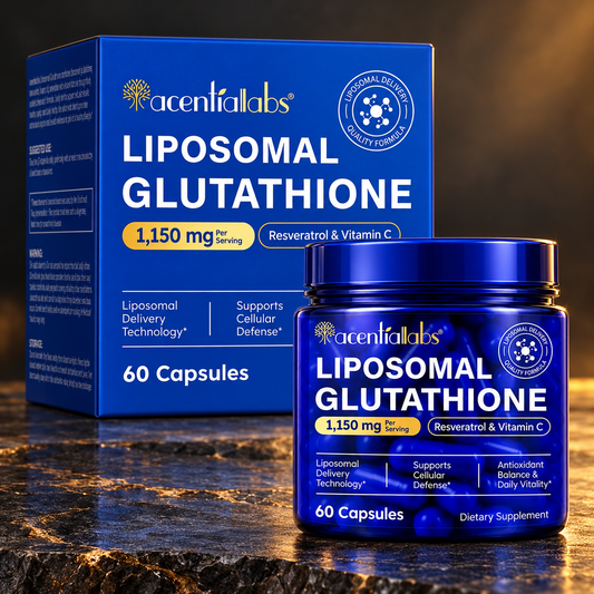 Acentialabs Liposomal Glutathione bottle and carton on charcoal stone; styled product photograph.