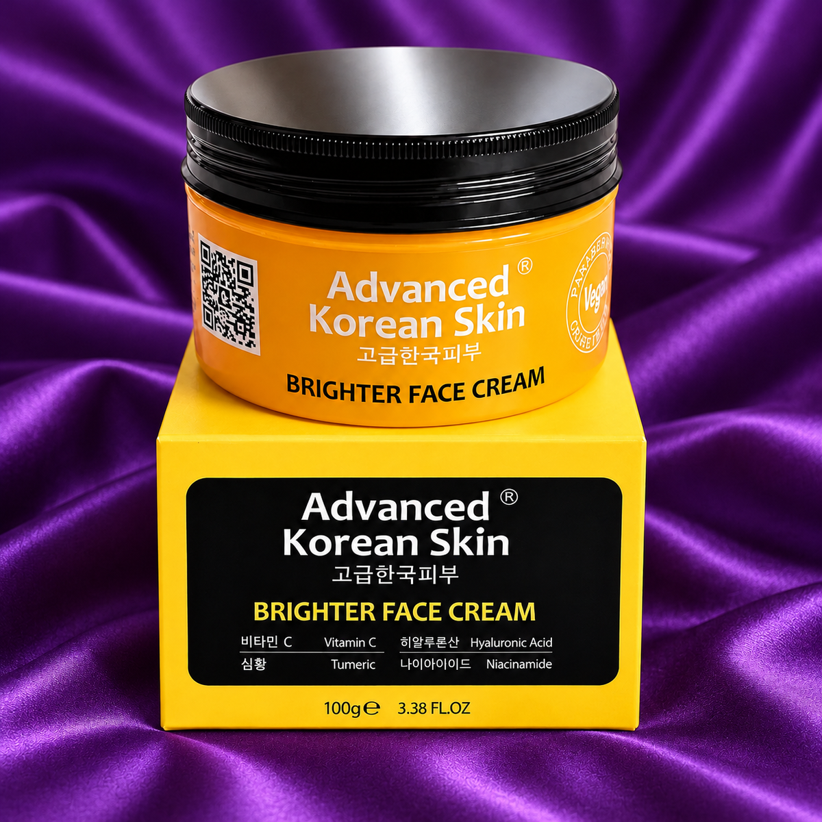 Advanced Korean Skin Brighter Face Cream 100 g jar and carton on bold royal-purple satin