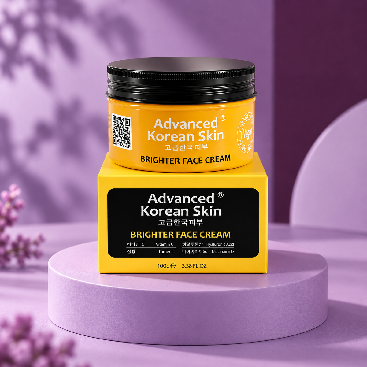 Advanced Korean Skin Brighter Face Cream 100 g jar and carton on lavender pedestal