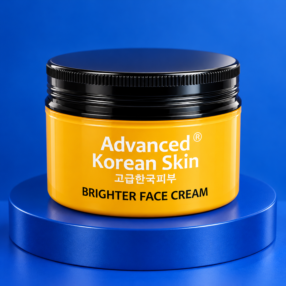 Advanced Korean Skin Brighter Face Cream closed jar on cobalt-blue display plinth