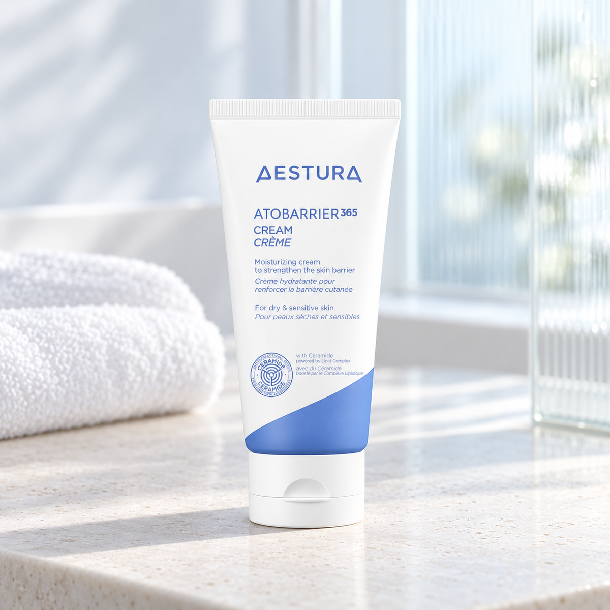 AI-styled AESTURA ATOBARRIER365 Cream 80 ml on a light stone vanity