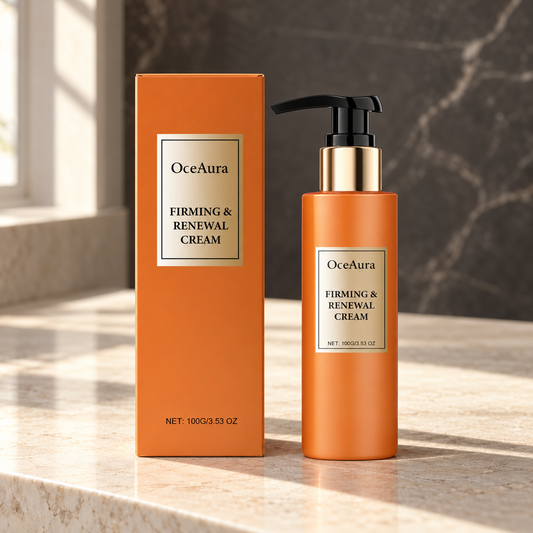 OceAura Firming & Renewal Cream 100 g pump bottle and matching carton on a warm stone vanity.
