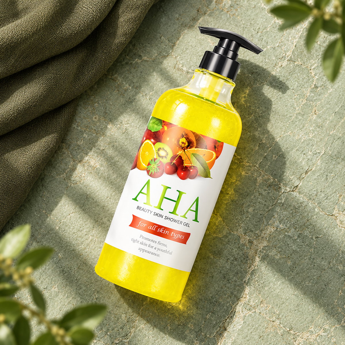 AHA Beauty Skin Shower Gel 1,000 ml pump bottle in a diagonal flat lay