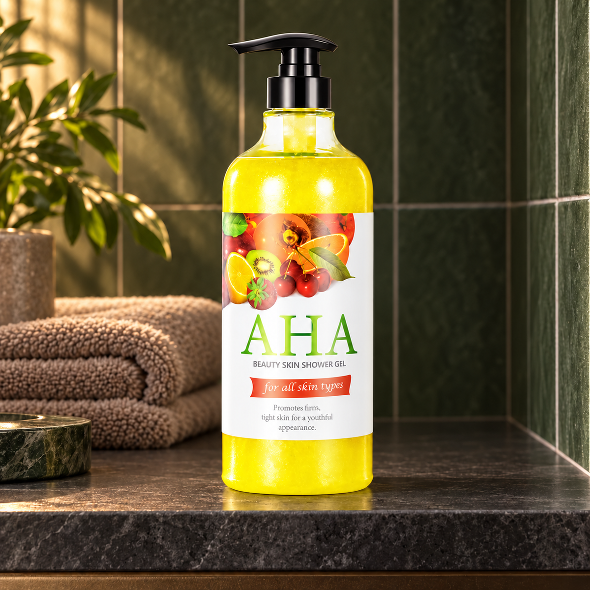 AHA Beauty Skin Shower Gel 1,000 ml pump bottle in a tiled bathroom alcove