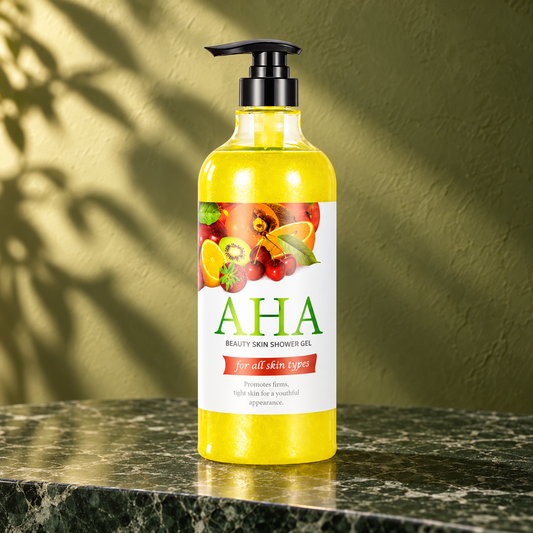 AHA Beauty Skin Shower Gel 1,000 ml pump bottle on a stone display